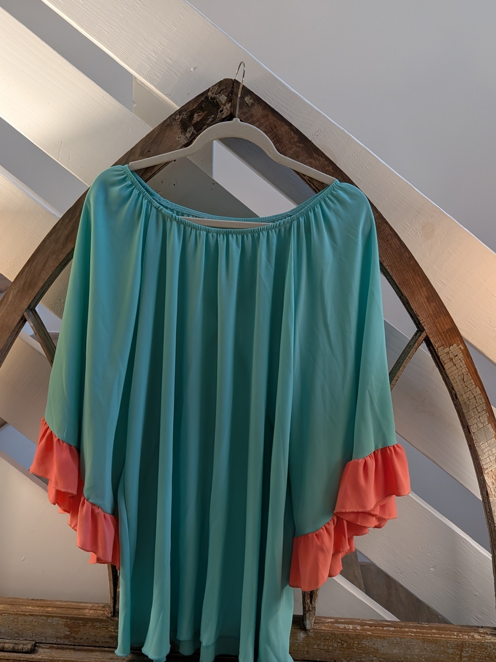 Women’s Off-Shoulder Tunic Top in Aqua with Coral Ruffle Trim